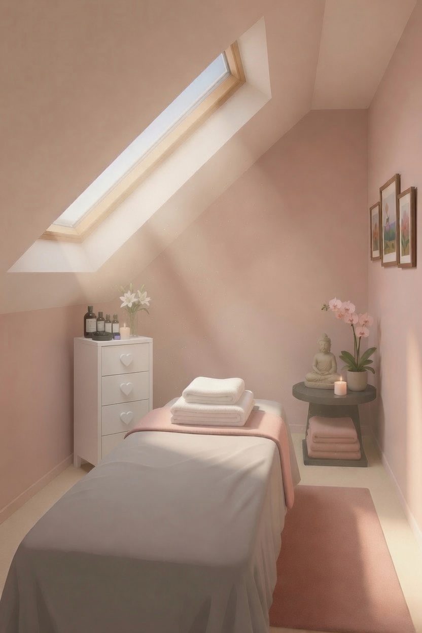 Becky's treatment room: a loft space with a sloping ceiling and long skylight, a massage couch dressed in grey and dusty pink, a small chest of drawers with oils, and a Buddha, candle and orchid in the corner.