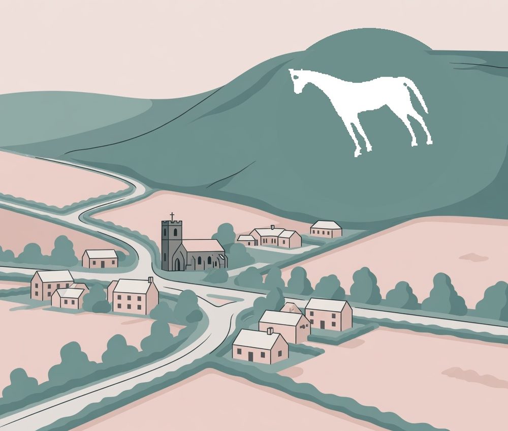 Illustrated map of Westbury, with the white horse carved into the downland hill behind the town.